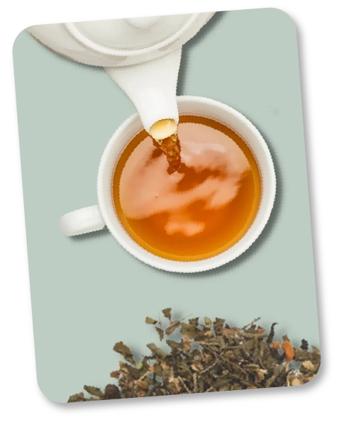 Artisanal loose herbal tisane tea ingredients and warm brewing cup