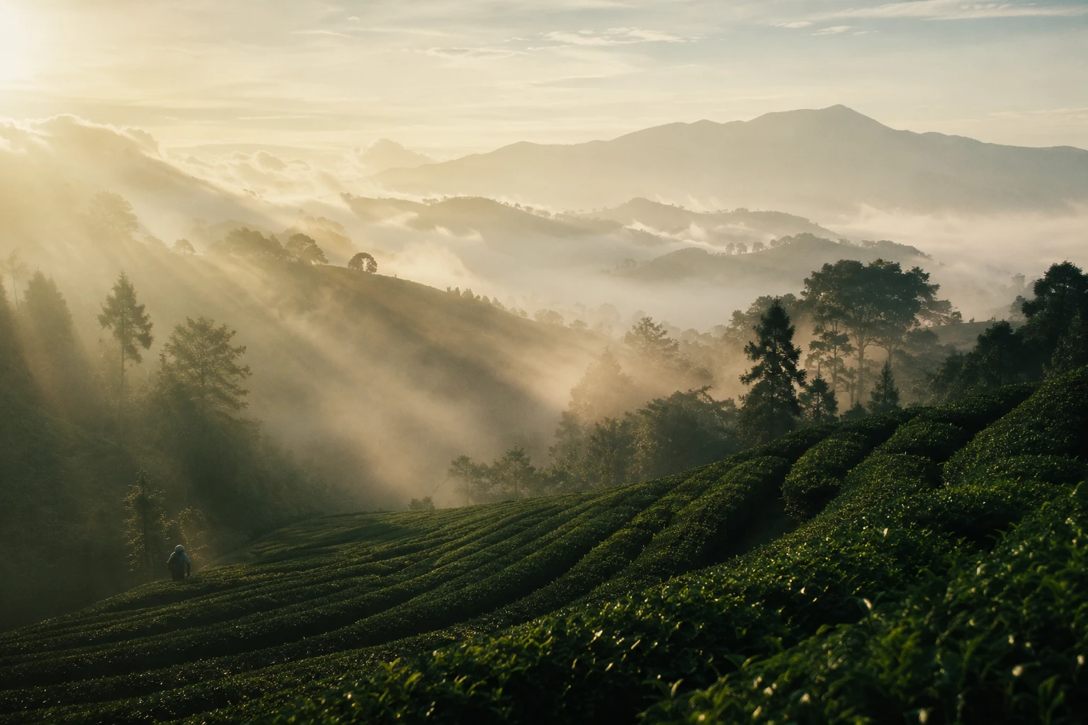 Misty tea plantation mountain range with sunbeams illuminating morning fog